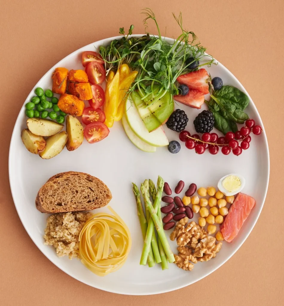 Assiette compartimentée en différentes familles d'aliments sains 
